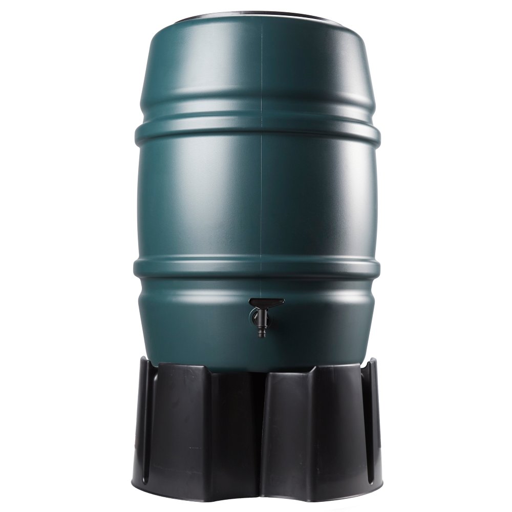 A large green water barrel with a spigot sits on a black plastic stand, intended for collecting rainwater, set against a plain white background.