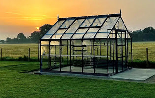 Sun setting behind a Rhino greenhouse