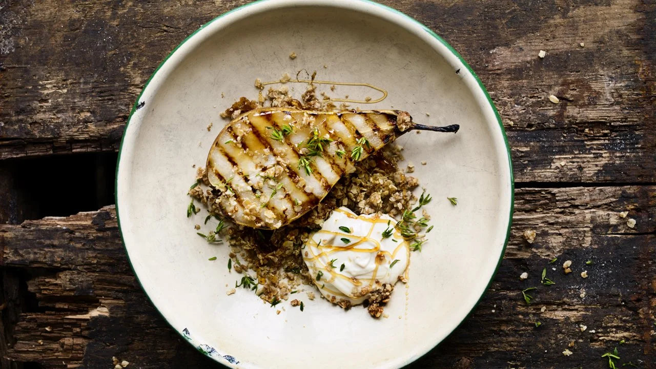 Grilled Pears with Chestnut Honey, Tahini and Oats