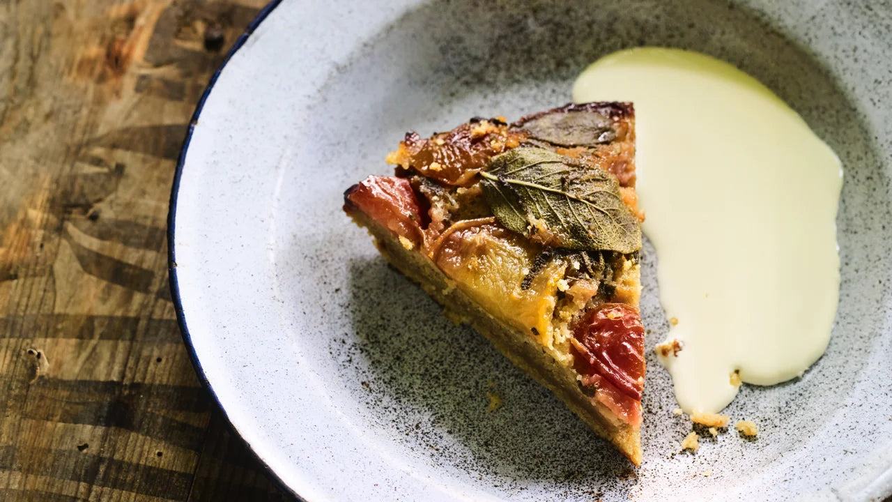 Sticky Plum, Sage and Almond Upside-Down Cake