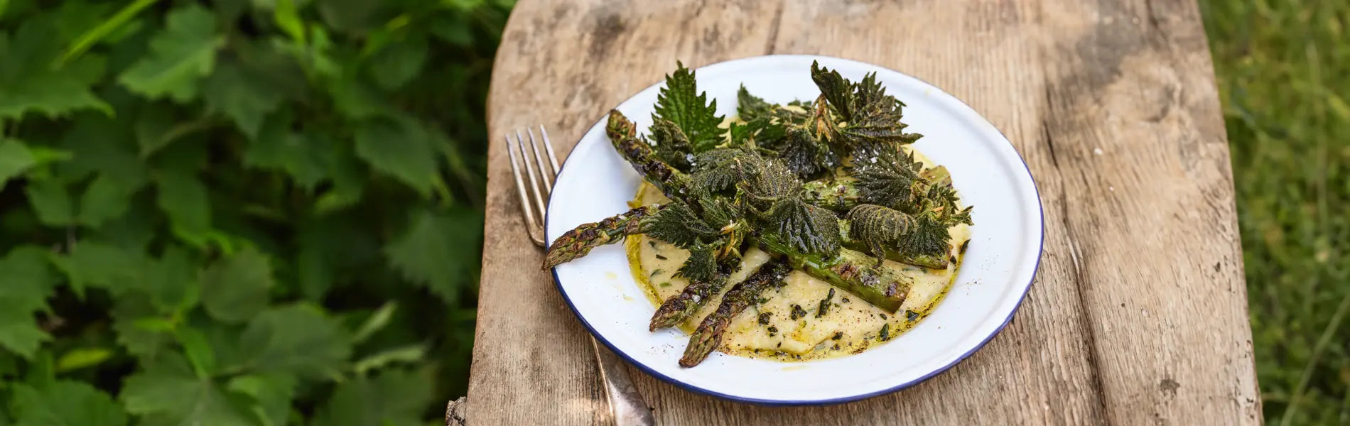 Gill's Wild Garlic Polenta with Barbecued Asparagus