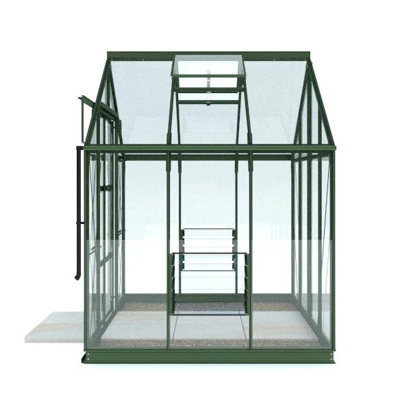 Rhino Greenhouse with a triangular roof and transparent glass panels stands on a paved platform. It features a hinged door and adjustable roof vent, suitable for plant cultivation.