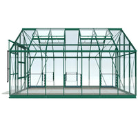 A large green-framed glass Rhino Greenhouse with open side vents stands on a solid surface, designed for plant cultivation in a controlled environment.