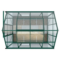 A rectangular Rhino Greenhouse with a green metal frame and transparent panels, viewed from above. Inside, there are gravel paths and two roof vents, surrounded by a white background.