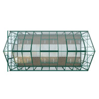 A rectangular Rhino Greenhouse with a green metal frame and transparent glass panels, viewed from above, houses a gravel floor within a white, isolated background.