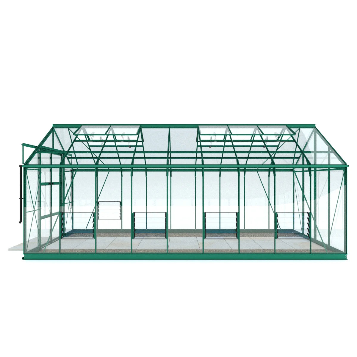 A green Rhino Greenhouse structure stands empty, featuring glass panels and a pitched roof. It is supported by a green metal frame, set against a plain white background.