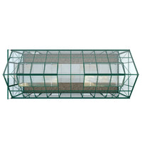 Rhino Greenhouse with a green metal frame and glass panels is viewed from above; inside, a gravel floor is visible. It is isolated on a plain white background.