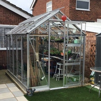 A glass Rhino Greenhouse contains various potted plants and gardening tools on shelves. It's located in a backyard, surrounded by brick walls and adjacent to a residential building.