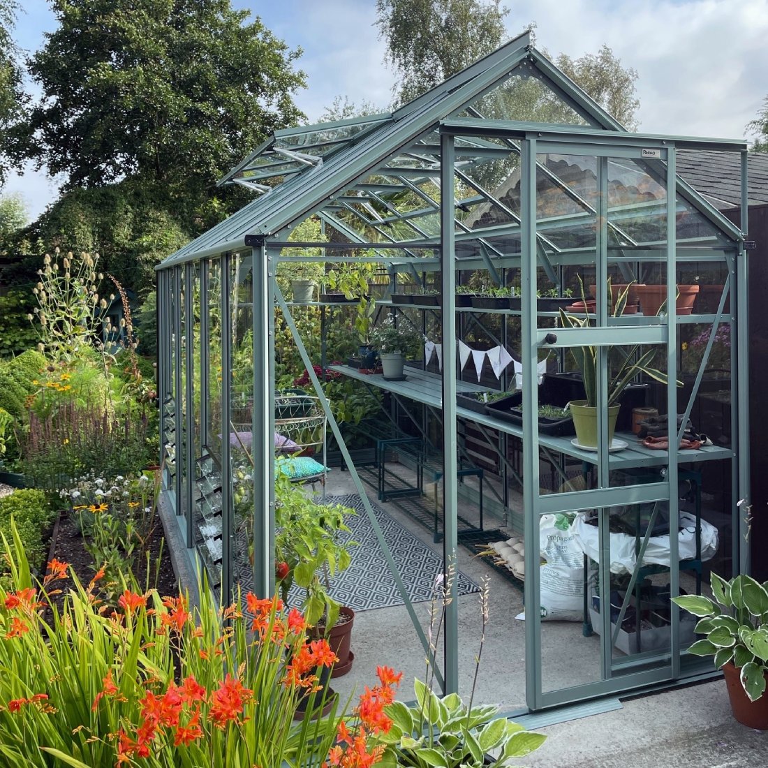 A green Rhino Greenhouse with plants inside sits in a lush garden. Bright red flowers and various greenery surround it. The Rhino Greenhouse features open shelving and a sturdy frame.