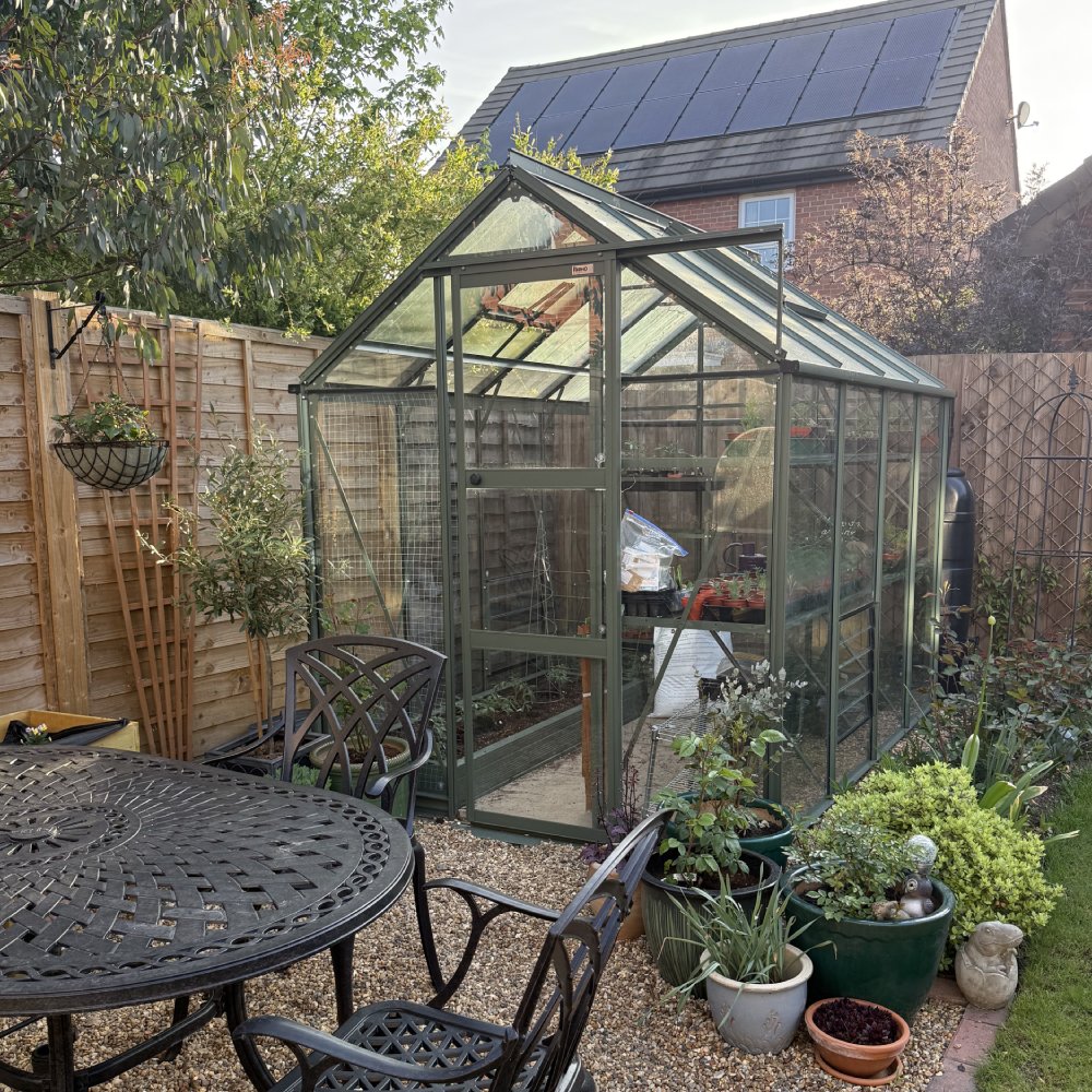 A green metal-framed Rhino Greenhouse stands in a garden, surrounded by potted plants and gravel, near patio furniture. Behind it, a brick house features rooftop solar panels.