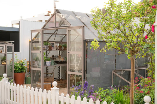 8x10 Rhino greenhouse in clay grey surrounded by flowering plants and white fencing