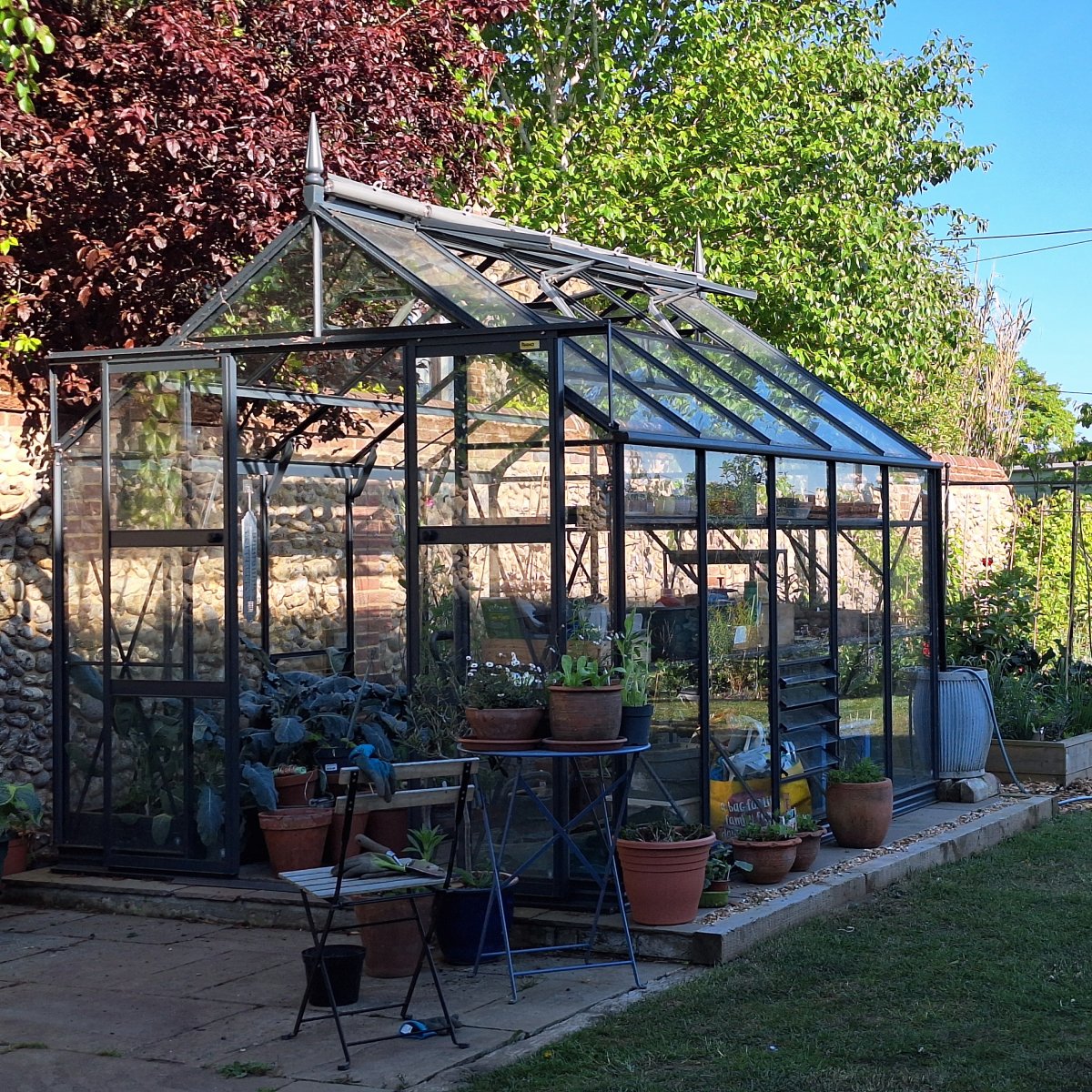 A glass Rhino Greenhouse stands on a stone patio, filled with plants and surrounded by trees. Various potted plants, a chair, and a table with more pots are placed nearby.
