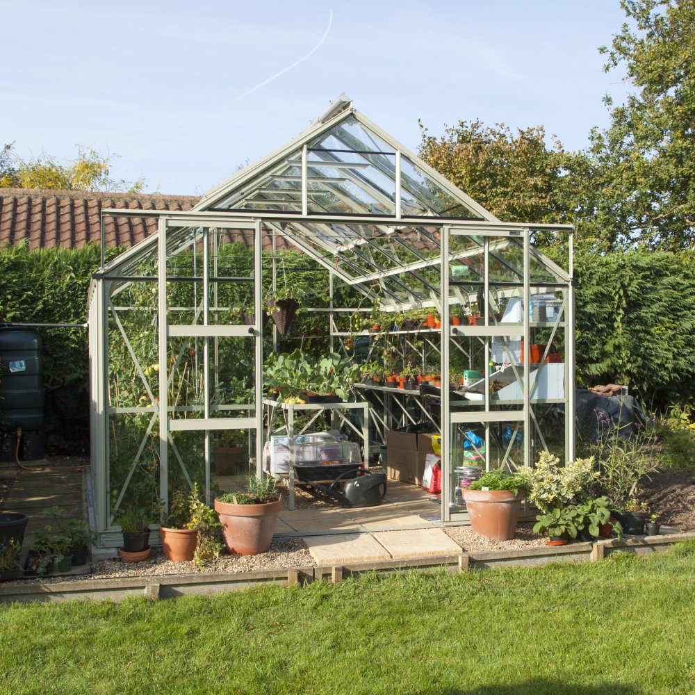 A glass Rhino Greenhouse shelters plants and gardening tools, positioned in a garden with grass and hedges, reflecting sunlight on a clear day.