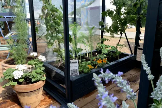 A Rhino Greenhouse showcases vibrant plants growing inside, with a Rhino label and QR code visible. Potted flowers and outdoor plants surround the wooden-floored structure under natural sunlight.