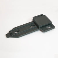 A dark green metal bracket lies on a white surface. The bracket features multiple mounting holes and an angled design, suitable for securing components or structures in place.
