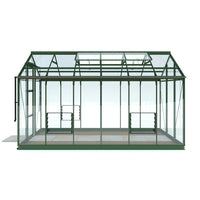 Rhino Greenhouse with a green metal frame and transparent glass panels. It features two sets of angled shelves inside, set on a plain, solid floor in a neutral space.