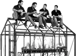 Four people are sitting atop a Rhino Greenhouse, casually interacting. The Rhino Greenhouse below contains various potted plants. The image conveys sturdiness and camaraderie in a gardening context.