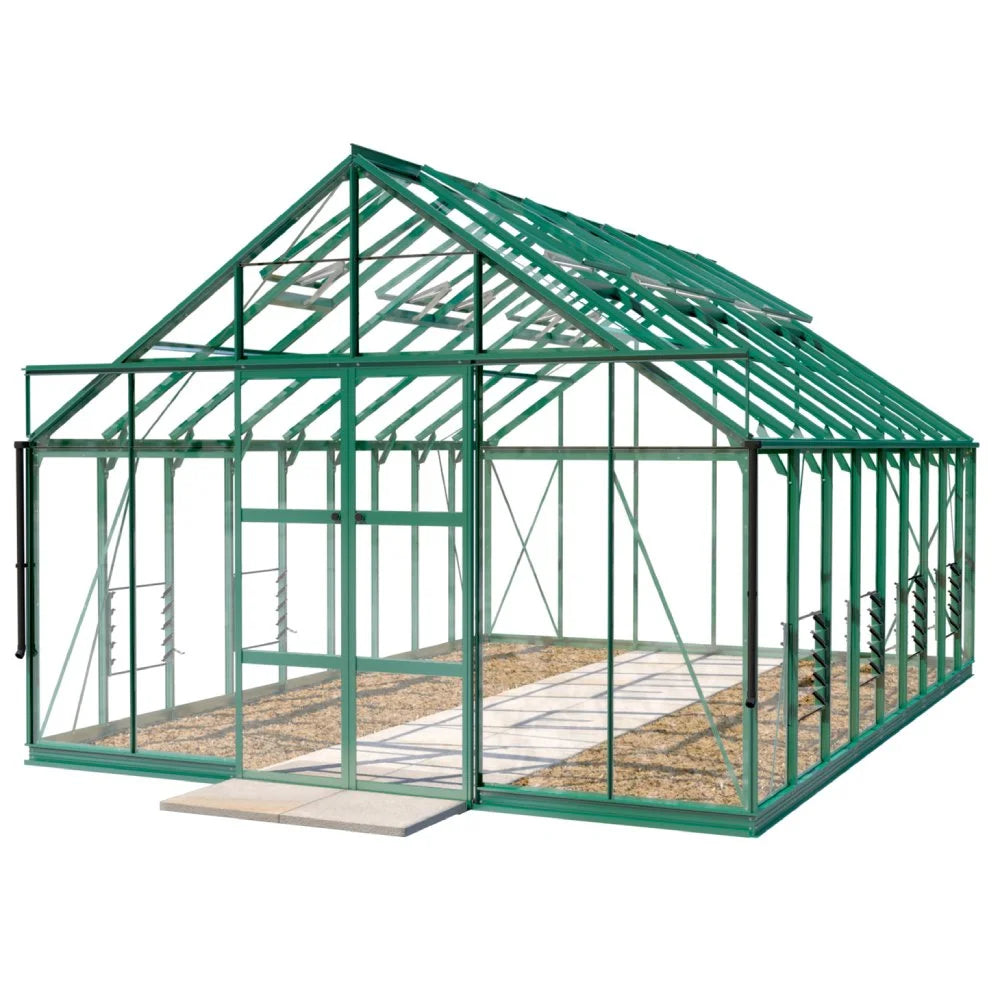 Green Rhino Greenhouse with metal frame and transparent panels stands on a base of gravel and concrete slabs, set in a plain white background.