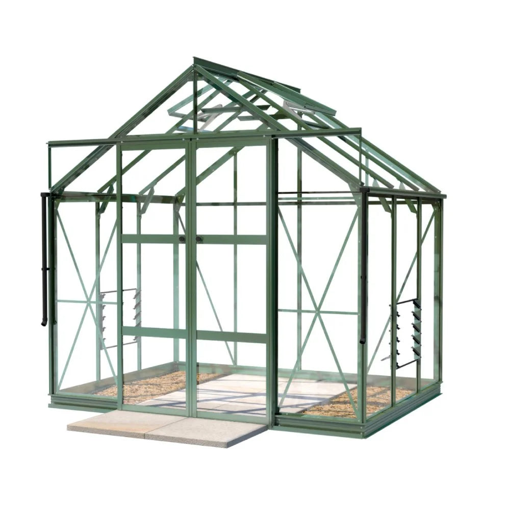 Rhino Greenhouse with a sturdy, green metal frame and transparent panels, features open sliding doors and roof vents; situated on a concrete and gravel base, isolated against a white background.