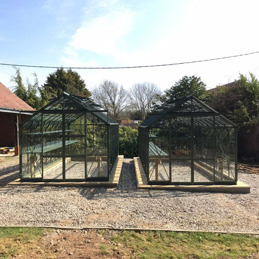 Two glass Rhino Greenhouses rest on gravel foundations, surrounded by trees and buildings under a clear sky.
