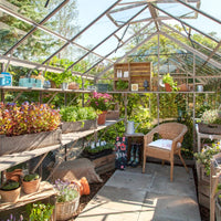 Rhino Greenhouse interior filled with thriving plants in wooden crates; a wicker chair and a watering can sit among gardening tools. Sunlight streams through the glass structure, surrounded by lush greenery.