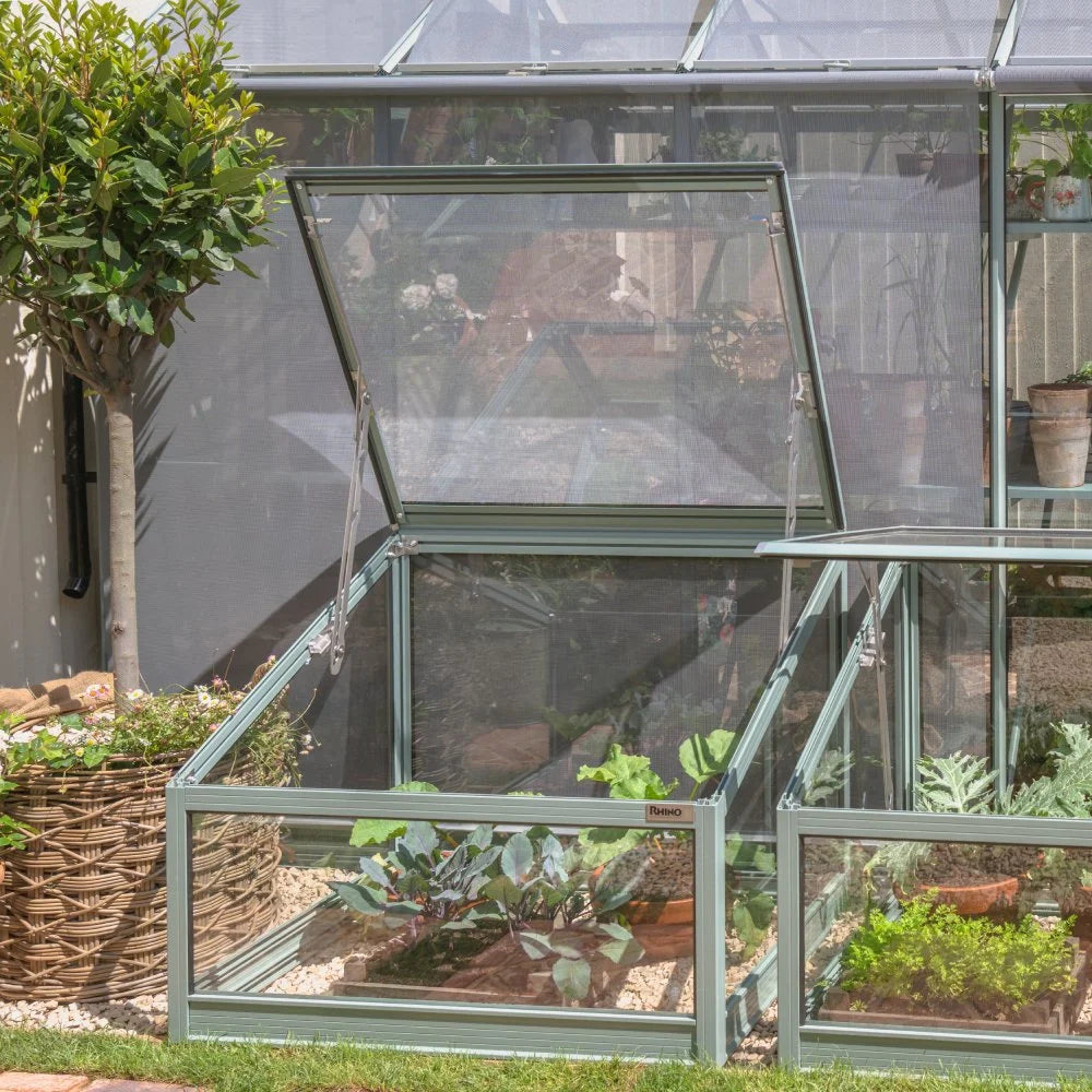 A transparent Rhino Greenhouse structure with an open roof panel houses various plants. Nearby, a tree grows in a woven basket. The Rhino Greenhouse is labeled Rhino.