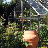 A glass Rhino Greenhouse houses lush green plants, surrounded by a thriving garden. An orange water barrel stands beside it under bright sunlight, emphasizing a verdant outdoor setting.